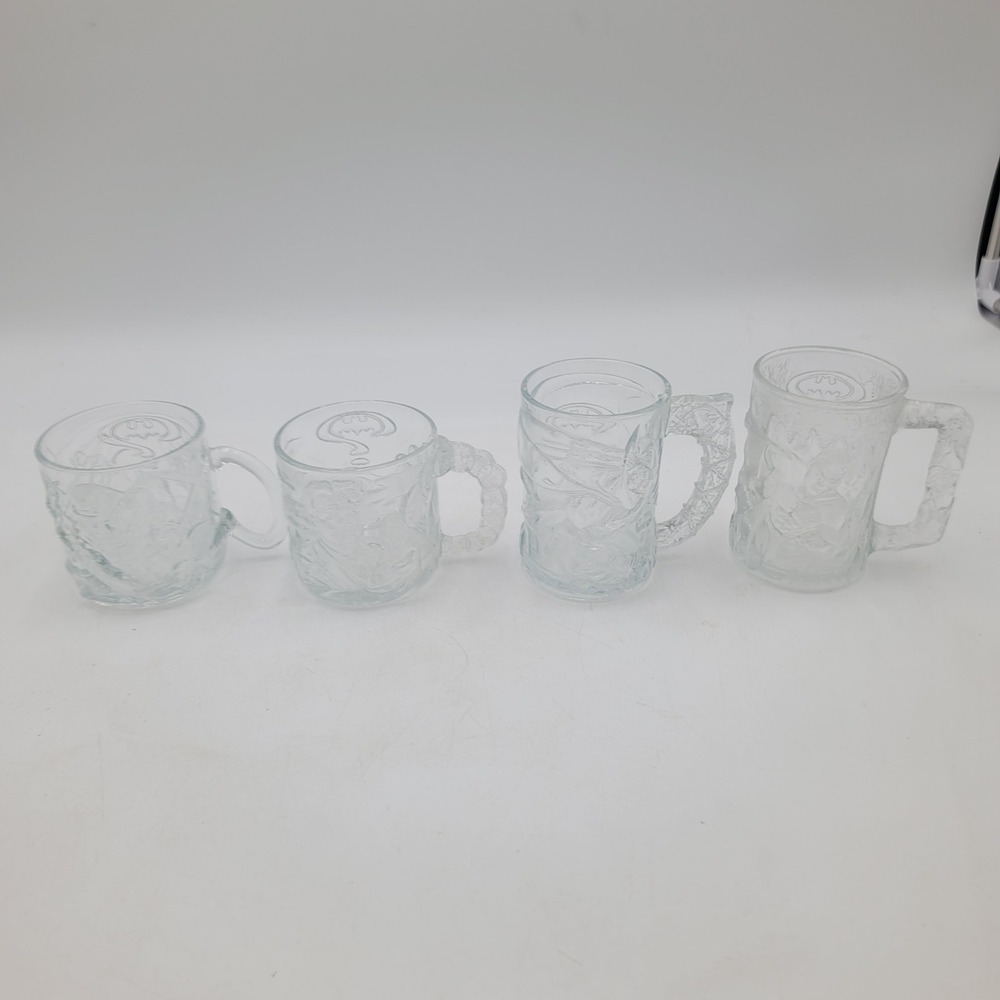 4 Vintage 1995 McDonalds Batman Forever Clear Textured Glass Mugs Batman Robin